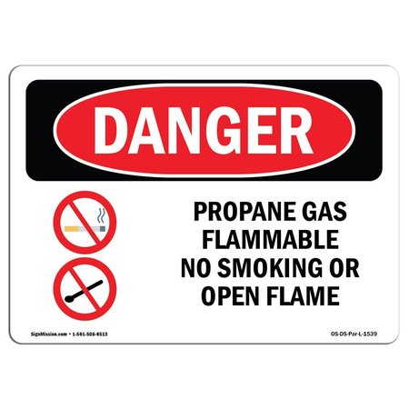 SIGNMISSION OSHA Danger Sign, Propane Gas Flammable No Smoking, 7in X 5in Decal, 5" W, 7" L, Landscape OS-DS-D-57-L-1539